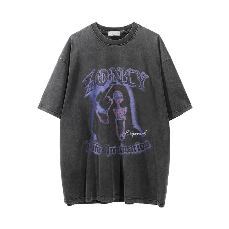 Men Vintage T-Shirt Thermal Imaging Printing Distressed Wash Short Sleeve T-shirt