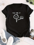 Letter & Stick Figure Print Crew Neck T-Shirt, Casual Short