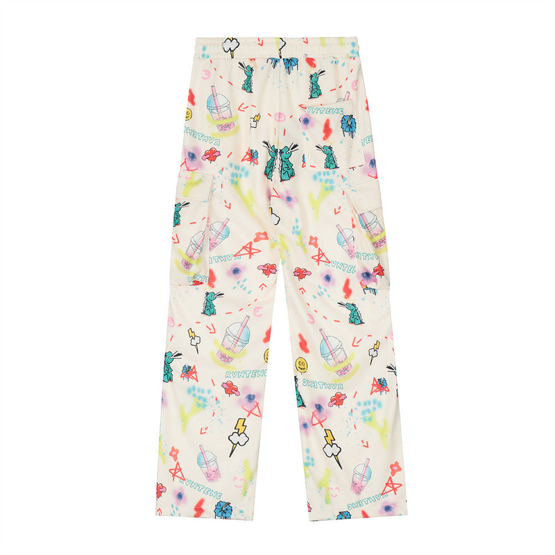 Men Sweatpants Cartoon Hand Drawn Graffiti Printing Casual Pants Loose Cargo Wide-Leg Straight Trousers