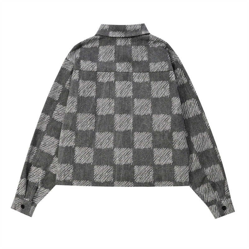 Women Jacket Chessboard Plaid Long Sleeve Shirt Jacket Lapel Pocket Coat