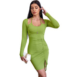 Women Dress Slim Fit Hip Skirt Knitted Long Sleeve Short Dress Mini Dress