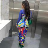 Women Dresses Fall Printed Mesh Slim Fit Patchwork Long Sleeve Dress