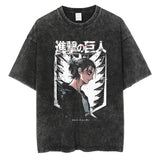 Men Washed T Shirt Black Japanese Anime Graphic Print TShirt