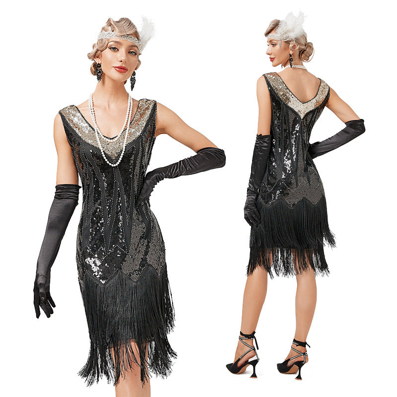 Flappers 1920S Dress Vintage Double-Layered Tassel V Collar Dress