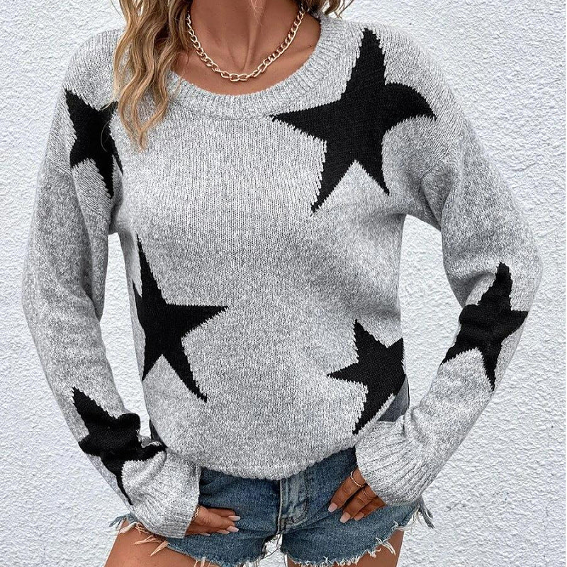 Women Knitted Sweater Autumn and Winter Women's Knitting Sweater round Neck Long Sleeve Five-Star Jacquard Pullover Sweater