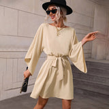Women Dress round Neck Elastic Waistband Short Skirt Long Sleeve Dress