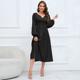 Women Date Dress Slim-Fit Long Sleeve V-neck Lace-up A- line Dress Lantern Sleeve Dress