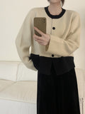 Women Knitted Cardigan Retro Short Knitted Cardigan Loose Color Matching round Neck Sweater Coat