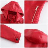 Red Leather Jacket Spring and Autumn Hooded Leather Coat Women's Detachable Hat Windproof Jacket