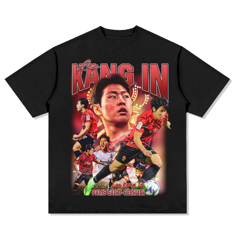 Mens Vintage Football T-Shirt Lee Kang In Printed Washed Old Short Sleeve T-Shirt