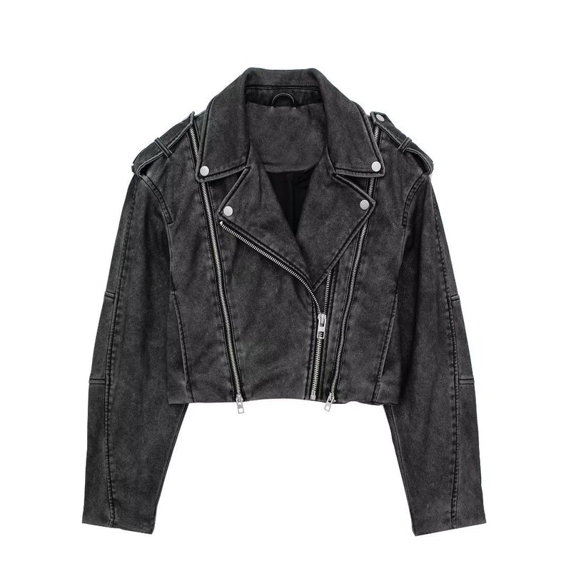 Women Leather Jacket Washed Old Imitation Leather Motorcycle Clothing Leather Coat Autumn PU Leather Short Jacket