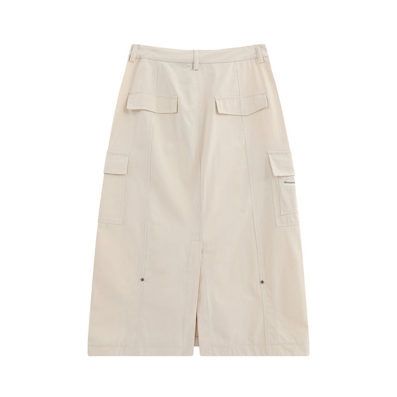 Women Long Skirt Multi-Pocket Skirt XINGX Rivet A- line Skirt