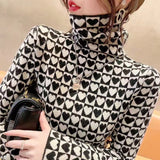 Women Knitted Pullover Autumn Winter Sweater Houndstooth Slim-Fit Turtleneck Top