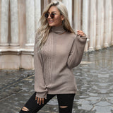 Women Knitted Sweater Autumn Long Sleeve Cable-Knit Turtleneck Sweater Loose