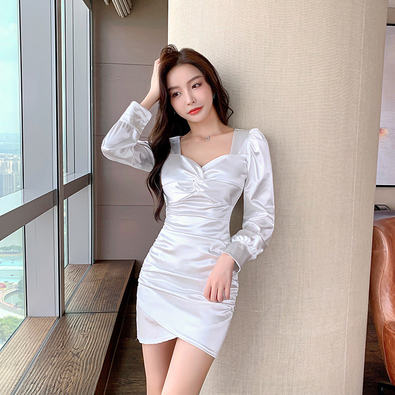 Women Maxi Dress Fall/Winter Square Collar Puff Sleeve Sheath Dress