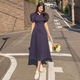 Women Dresses Polo Collar Lapel Puff Sleeve A- line Expansion Skirt Dress