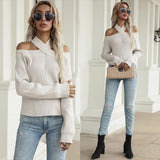 Women Knitted Sweater Autumn Knitted Pullover Solid Color Hollow out Shoulder-Baring Sweater