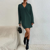 Women Dress Loose Casual Sexy V-neck Pocket Long Sleeve Dress Mini Dress