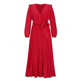 Women Date Dress Autumn and Winter V-neck Long Sleeve Pleated Dress