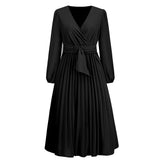 Women Date Dress Sexy V-neck Bubble Lantern Sleeve Pleated Skirt