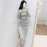 Women Dresses U Collar Gray, Long Sleeve Dress