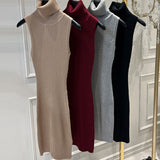 Women Dresses Turtleneck Sleeveless Knitted Dress Hip Skirt