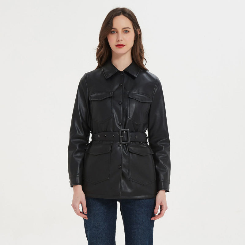 Women Leather Jacket Spring and Autumn Single-Breasted Imitation Leather Lapel Long Sleeve Jacket