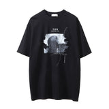 Men Vintage T-shirt Portrait Printing Distressed Short Sleeve T-shirt Casual Washed Half Sleeve