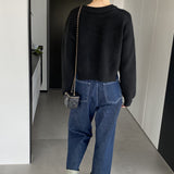 Women Winter Knitted Sweater Autumn Winter Sweater Sweater Button Color Contrast Patchwork Cropped Top 8t7311