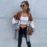 Women Knitted Sweater Fall Long Leopard Splicing Cardigan Knitted Sweater Coat
