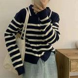 Women Knitwear Autumn and Winter Striped Lapel Sweater Slim-Fit Knitted Cardigan