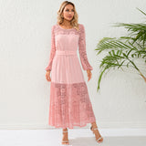 Women Date Dress Autumn Winter Sexy Long Sleeve round Neck Lace Long Dress Dress