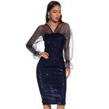 Women's Evening Gown Sexy Retro Mesh Long Sleeve Stitching Sequins Dress