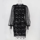 Women Evening Gown Sexy Mesh Long Sleeve Stitching Sequins Dress