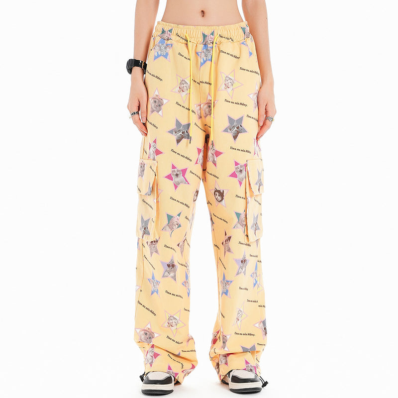 Women Pants Five-Pointed Star Cat Printing Casual Pants Loose Pockets Straight-Leg Trousers