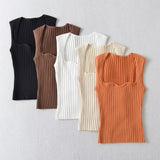 Women Sweater Knitwear Summer Square Collar Wave Pattern Vest