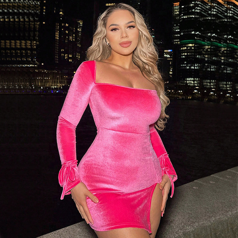 Women Dress Square Collar Hip Velvet Dress Skirt