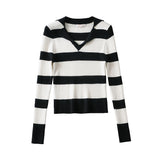 Women Sweater Knitwear Spring and Autumn Lapel V-neck Contrast Color Striped Slim-Fit Long-Sleeved Sweater Sweater