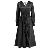 Women Date Dress Autumn and Winter V-neck Bubble Long Sleeve Dress