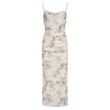 Women Dresses Summer Vintage Rose Printed Mesh Camisole Dress (Bla0420)