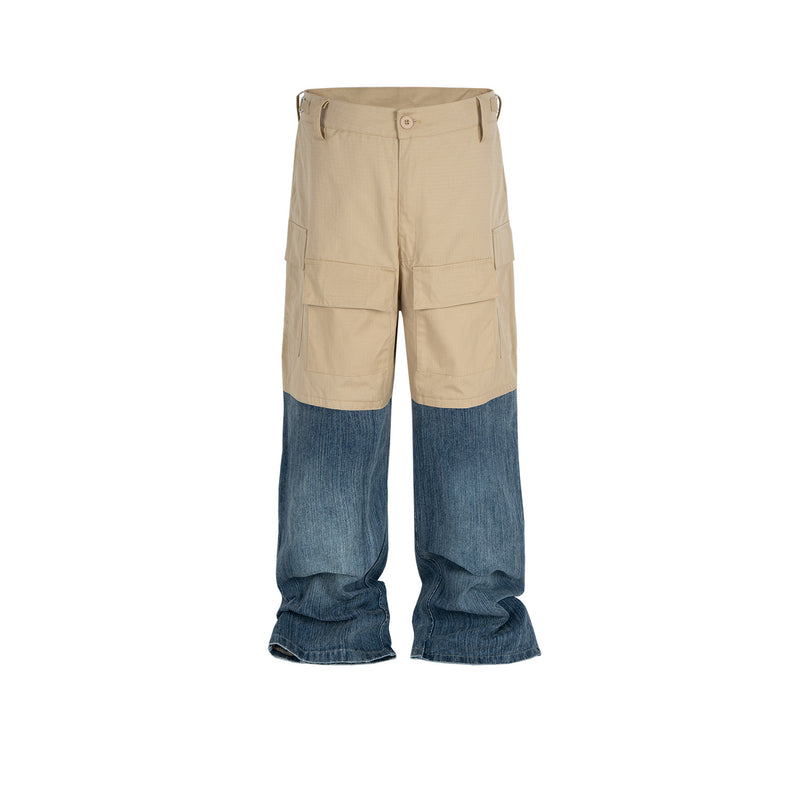 MIJKO Men's Vintage Pants MIJKO Men's Women's Spliced Denim Wide-Leg Overalls Bag Casual Pants