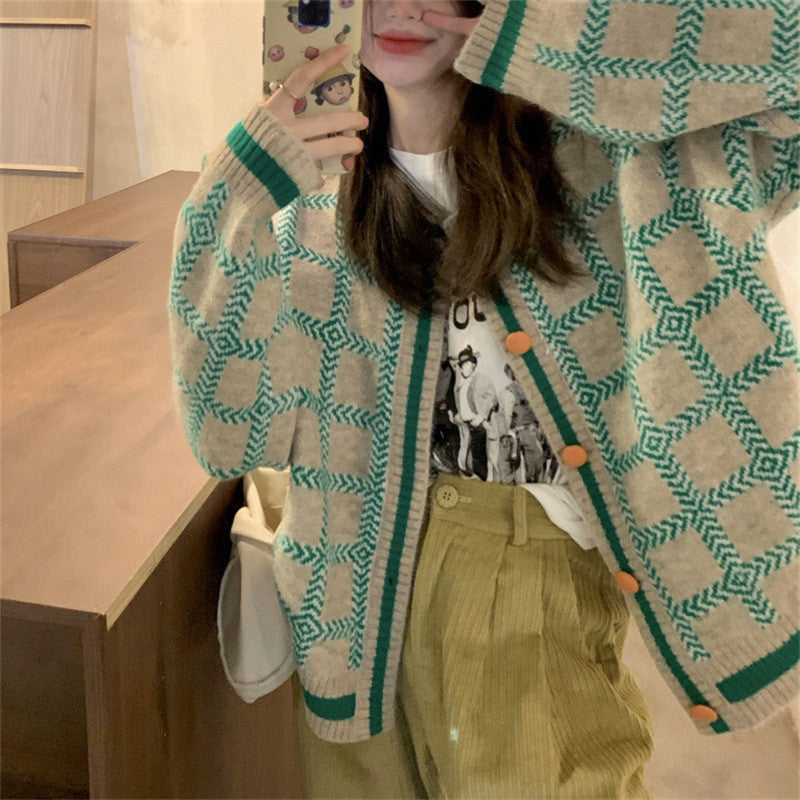 Women Knitwear Autumn Winter Retro Plaid Sweater Loose Knitted Cardigan