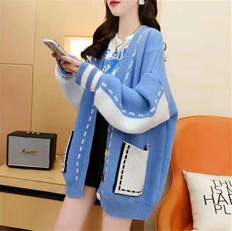 Women Knitwear Autumn and Winter V-neck Sweater Loose Knitted Cardigan
