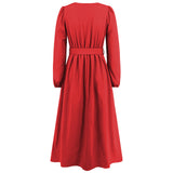 Women Date Dress Single-Breasted Cardigan Skirt V-neck Bubble Long Sleeve Dress