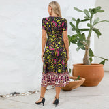 Women Date Dress Floral Dress Short Sleeve V-neck Bohemian A- line Skirt