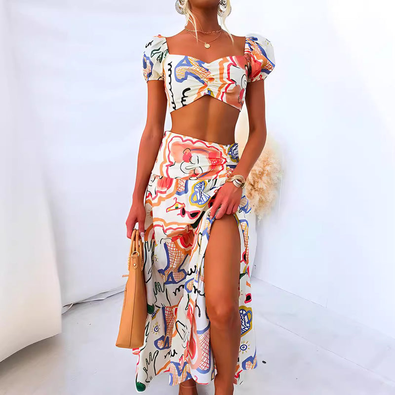 Women Dresses Summer Printed Top Wrapped Chest Skirt Two-Piece Suit (Jrm0409)