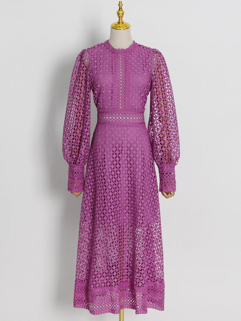 Women Dresses Embroidered Hollow-out Dress Spring round Neck Lantern Sleeve Dress (Qymy0409)