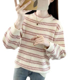 Women Knitted Pullover Turtleneck Striped Pullover Autumn and Winter Loose Knitted Bottoming Shirt Top
