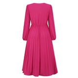 Women Date Dress Sexy V-neck Bubble Lantern Sleeve Pleated Skirt
