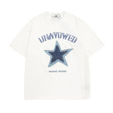 Men T Shirt Vintage Denim Stitching Embroidered Short Sleeve T-shirt